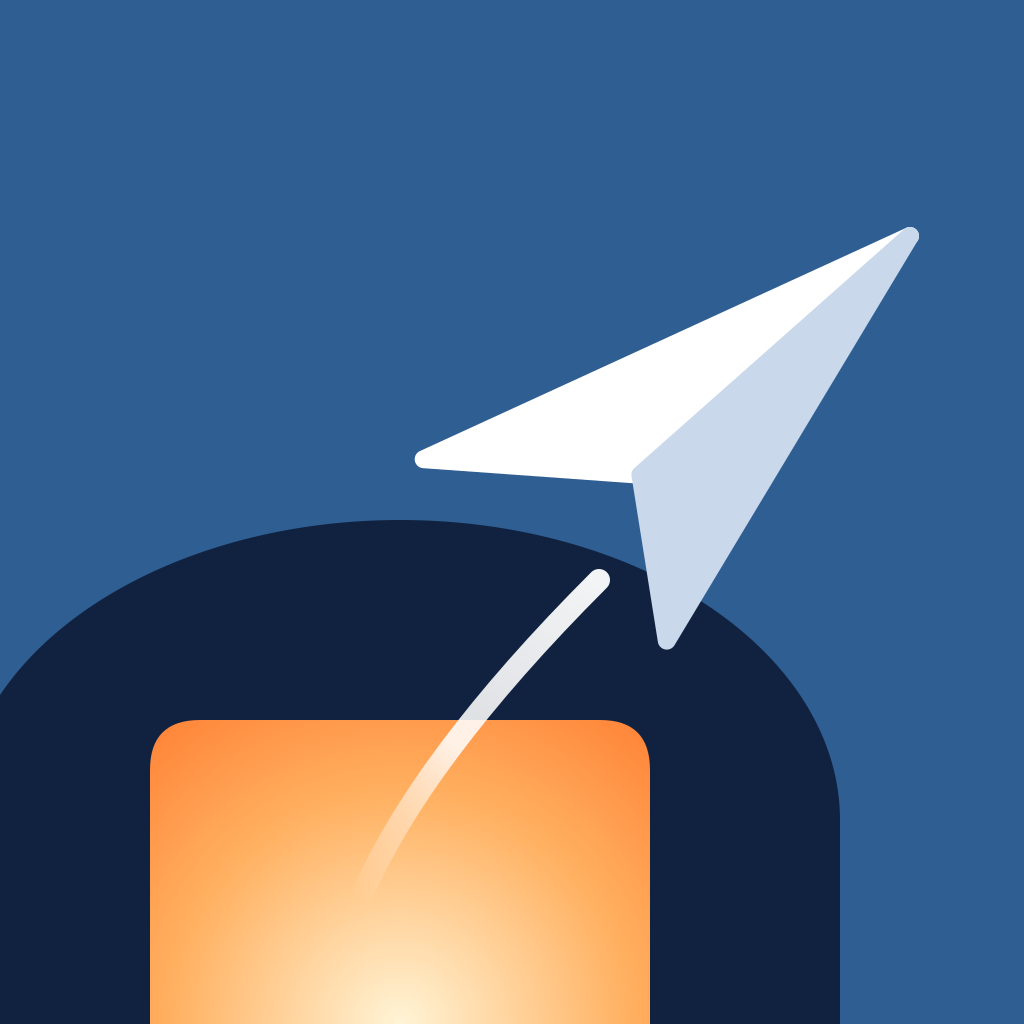 The Post Hangar app icon: a white paper plane climbing out of a lit hangar at dusk.